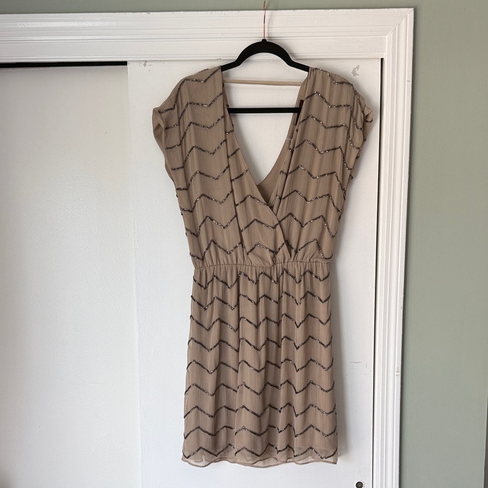 Anthropologie Beaded Chevron Tan Mini Dress – NWT, Women’s Medium